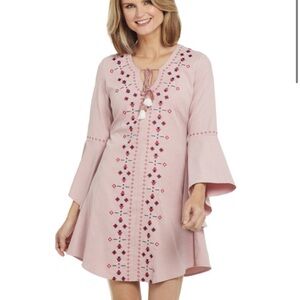 Boho Embroidered Pink Bell-Sleeve Tunic Dress